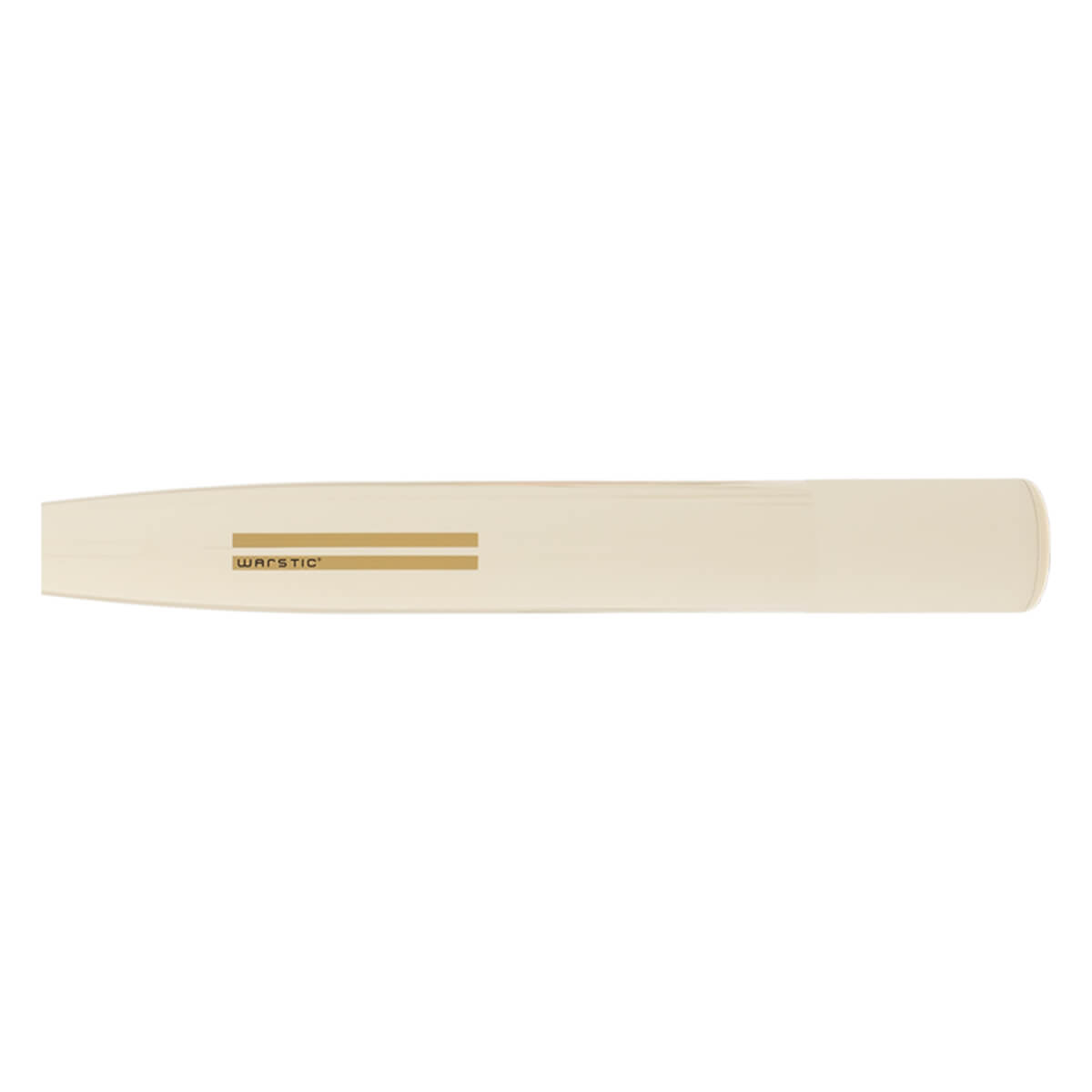 Side view of a cream softball bat barrel with WARSTIC text, two gold lines, and a rounded end.