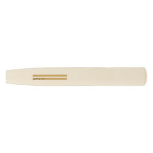 Side view of a cream softball bat barrel with WARSTIC text, two gold lines, and a rounded end.