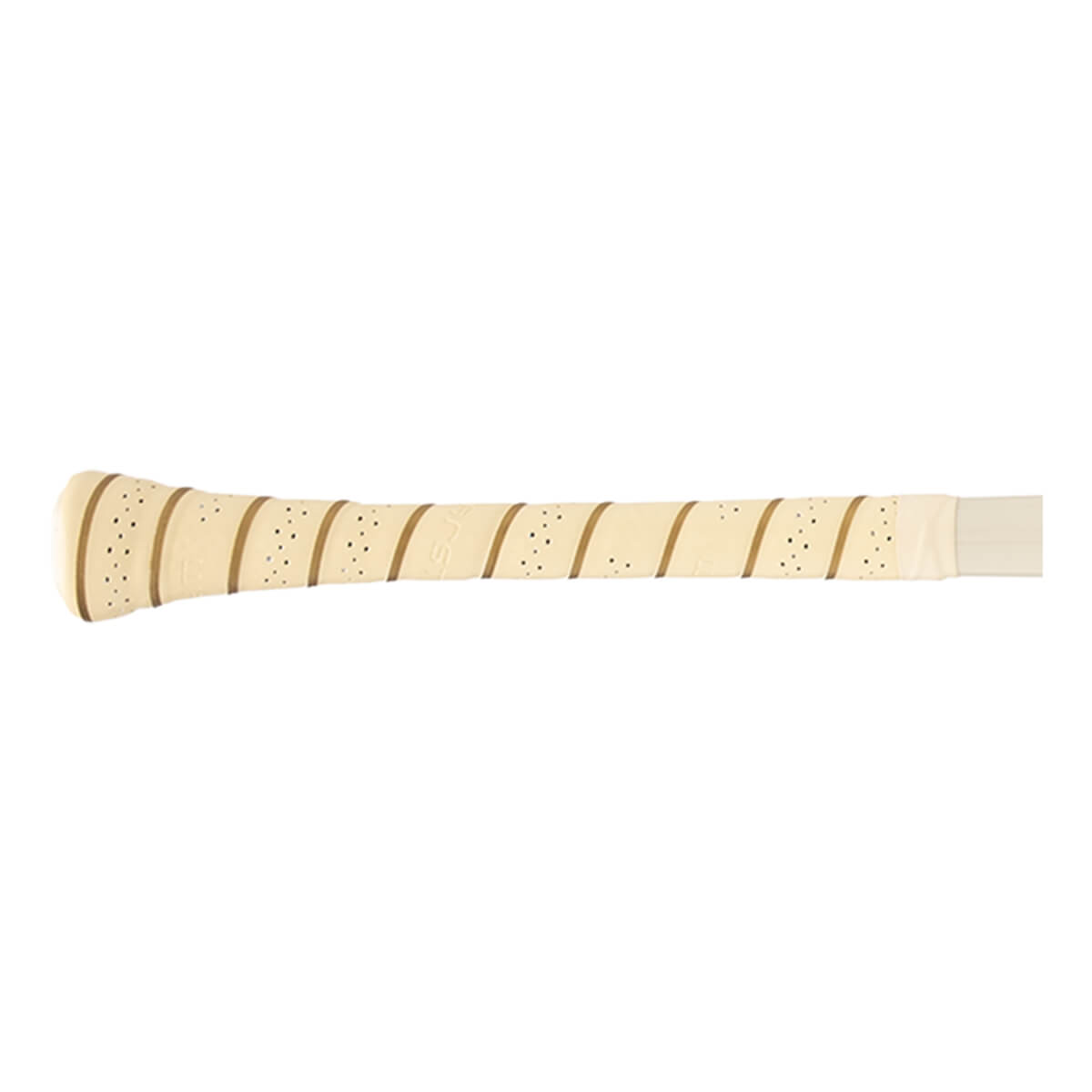 Side view of the cream bat handle with diagonal tan stripes, small perforations, and a visible knob.