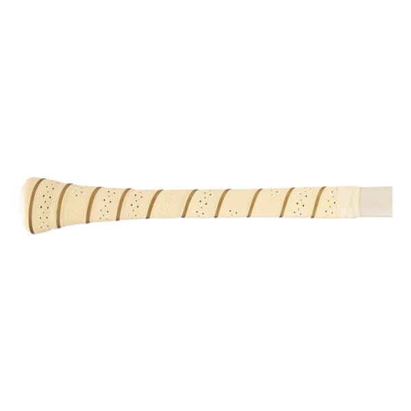 Side view of the cream bat handle with diagonal tan stripes, small perforations, and a visible knob.