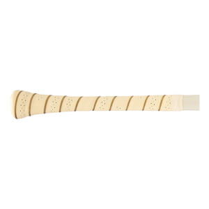 Side view of the cream bat handle with diagonal tan stripes, small perforations, and a visible knob.