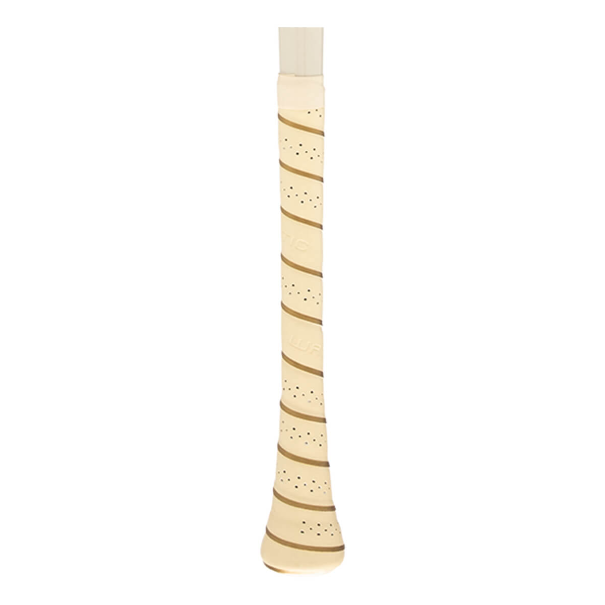 Close-up of the handle of a beige bat grip with brown diagonal stripes, small perforations, and WARSTIC text.