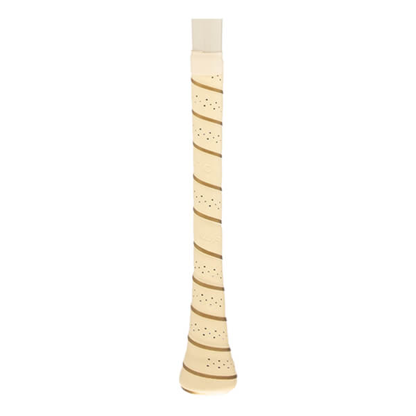 Close-up of the handle of a beige bat grip with brown diagonal stripes, small perforations, and WARSTIC text.