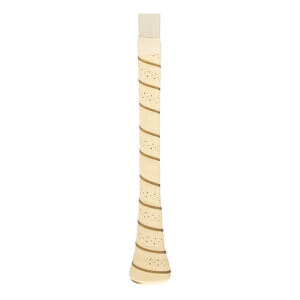 Close-up of the handle of a beige bat grip with brown diagonal stripes, small perforations, and WARSTIC text.