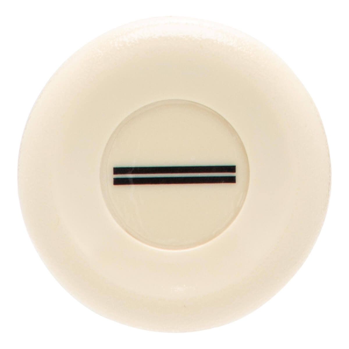 Top-down view of a cream bat end cap with a recessed circular center and two parallel black lines.