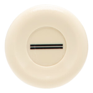 Top-down view of a cream bat end cap with a recessed circular center and two parallel black lines.