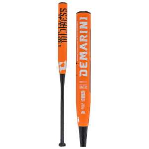 Front and close-up views of an orange softball bat with black accents, featuring large white "DEMARINI" text and a stylized black "MISTRESS" graphic on the barrel.