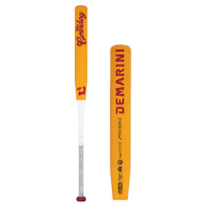 Front view of a yellow baseball bat with red "Corndog" lettering and a red knob.