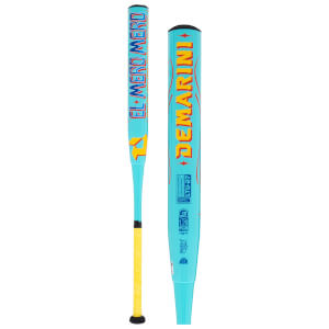 Front and close-up views of a teal softball bat featuring bold red and yellow EL MERO MERO and DEMARINI graphics with a bright yellow textured grip.