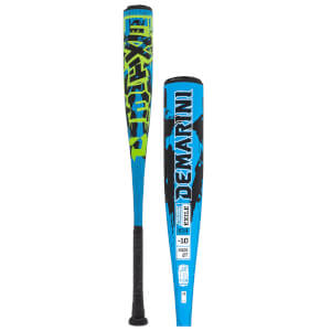 Side view of a blue baseball bat with black and neon green graphics, showing "DEMARINI" and "EXILE" text.
