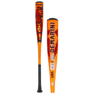 Front view of an orange and red DeMarini baseball bat with "EXILE" and "USA BASEBALL" text.