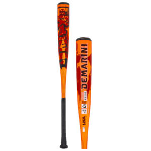 Side view of an orange baseball bat with black and red graphics, showing "DEMARINI" and "EXILE".