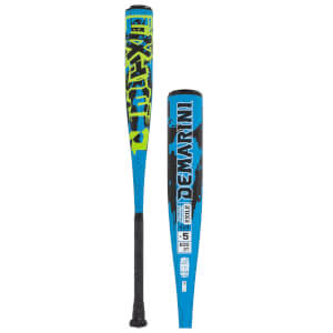 Front view of a blue baseball bat with neon green and black graphics, featuring the word "EXILE" and "DEMARINI".