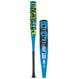 Side view of a blue Demarini baseball bat with black and neon green graphics, featuring the word "DEMARINI" and "EXILE".