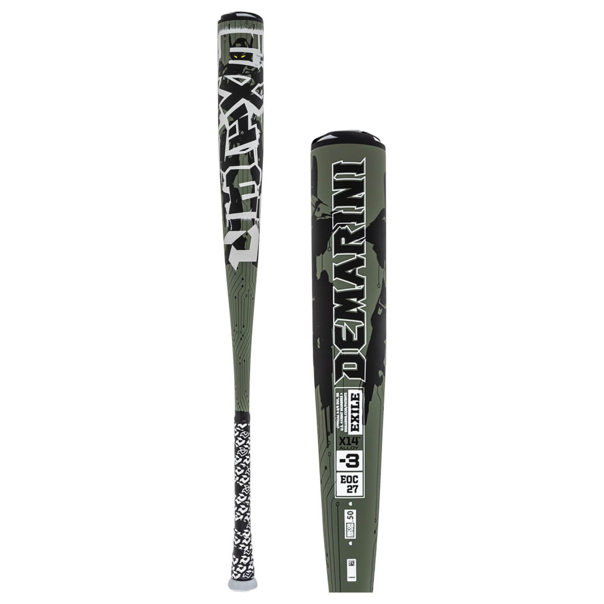 Side view of a green and black DeMarini baseball bat with "EXILE" and "-3" visible.