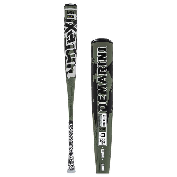 Side view of a green and black DeMarini baseball bat with "EXILE" and "-3" visible.