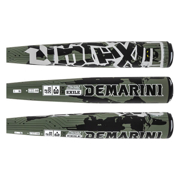Side view of a baseball bat with a green circuit board pattern, black camouflage, and white "DEMARINI" text.