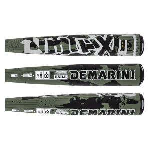 Side view of a baseball bat with a green circuit board pattern, black camouflage, and white "DEMARINI" text.