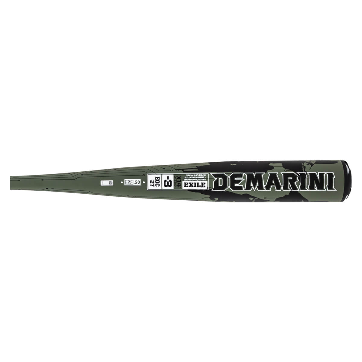 Side view of a green baseball bat with black camouflage pattern, showing "DEMARINI" and "EXILE" text.