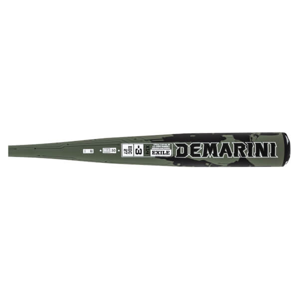 Side view of a green baseball bat with black camouflage pattern, showing "DEMARINI" and "EXILE" text.