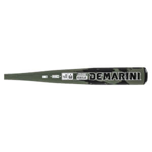 Side view of a green baseball bat with black camouflage pattern, showing "DEMARINI" and "EXILE" text.