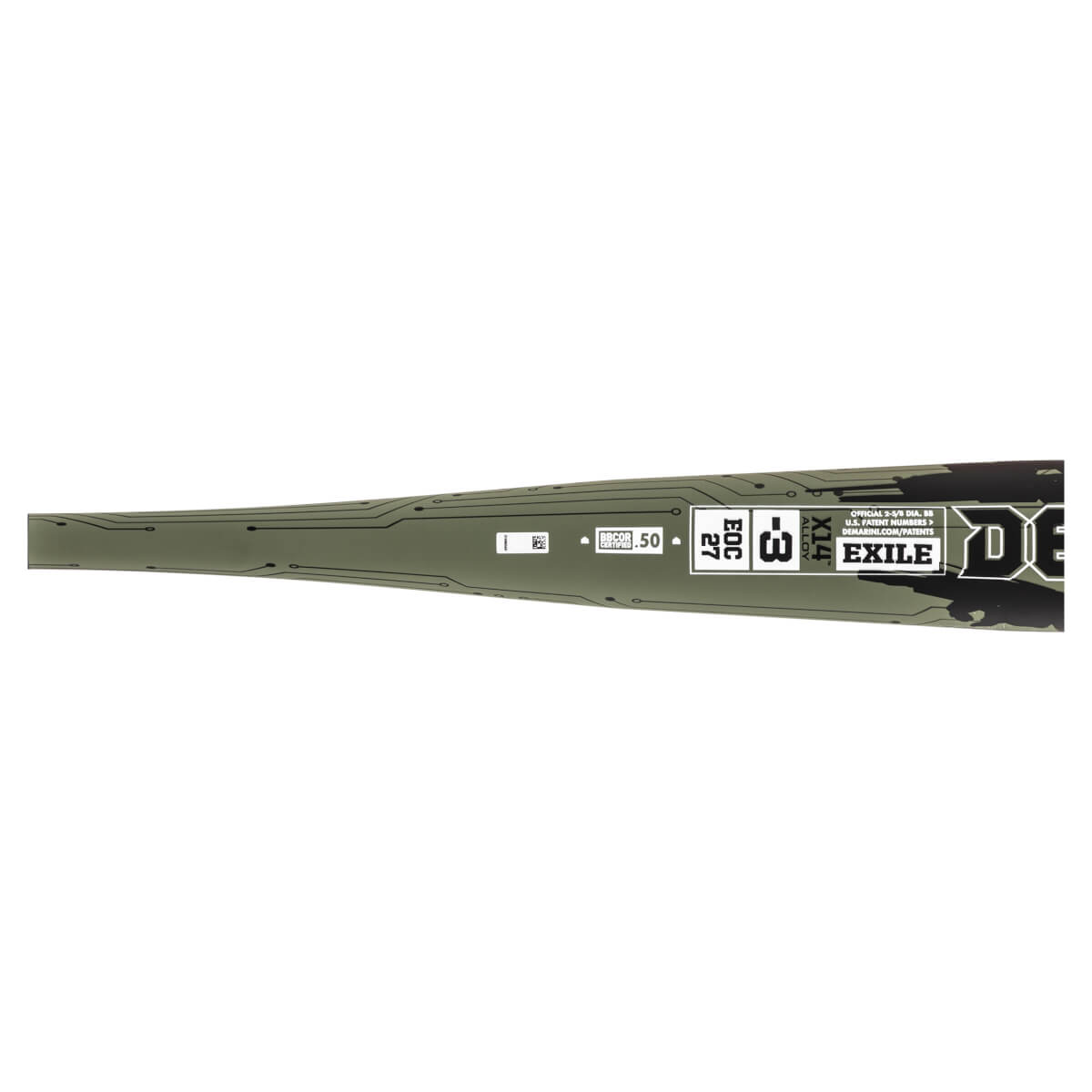 Side view of a green baseball bat with circuit board pattern, showing "EXILE" and "X14 ALLOY".