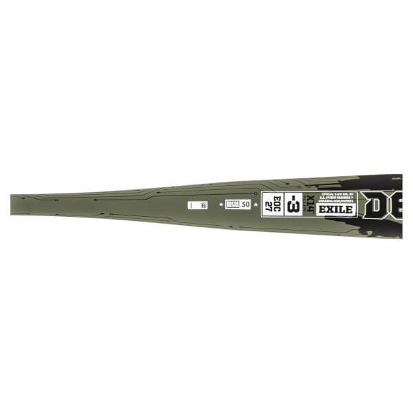 Side view of a green baseball bat with circuit board pattern, showing "EXILE" and "X14 ALLOY".