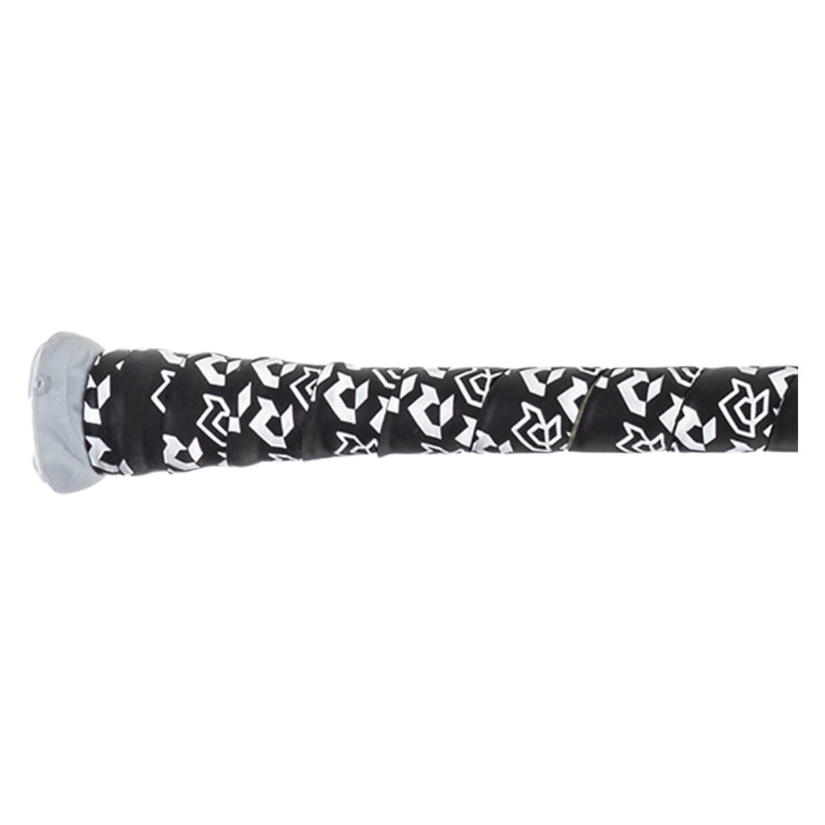 Close-up of a black grip with a white geometric pattern and a gray end cap.