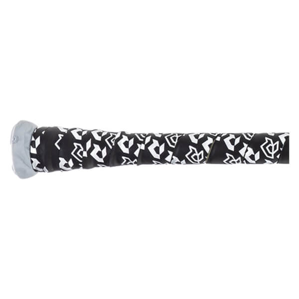 Close-up of a black grip with a white geometric pattern and a gray end cap.