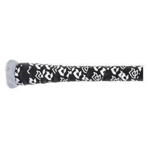 Close-up of a black grip with a white geometric pattern and a gray end cap.