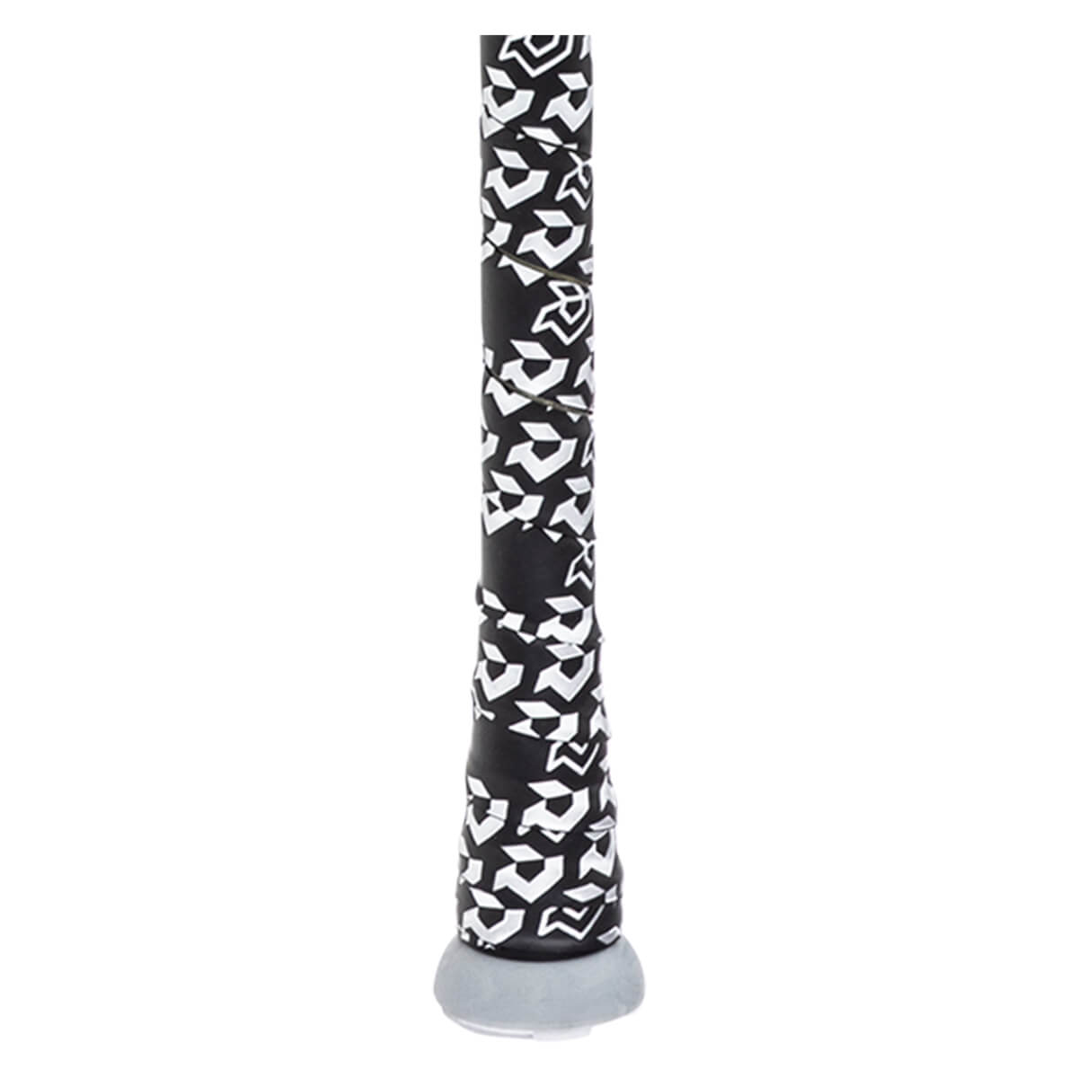 Close-up of a black grip with a white geometric pattern and a gray end cap.