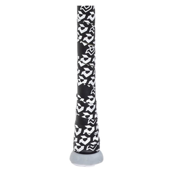 Close-up of a black grip with a white geometric pattern and a gray end cap.