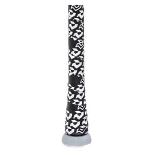 Close-up of a black grip with a white geometric pattern and a gray end cap.