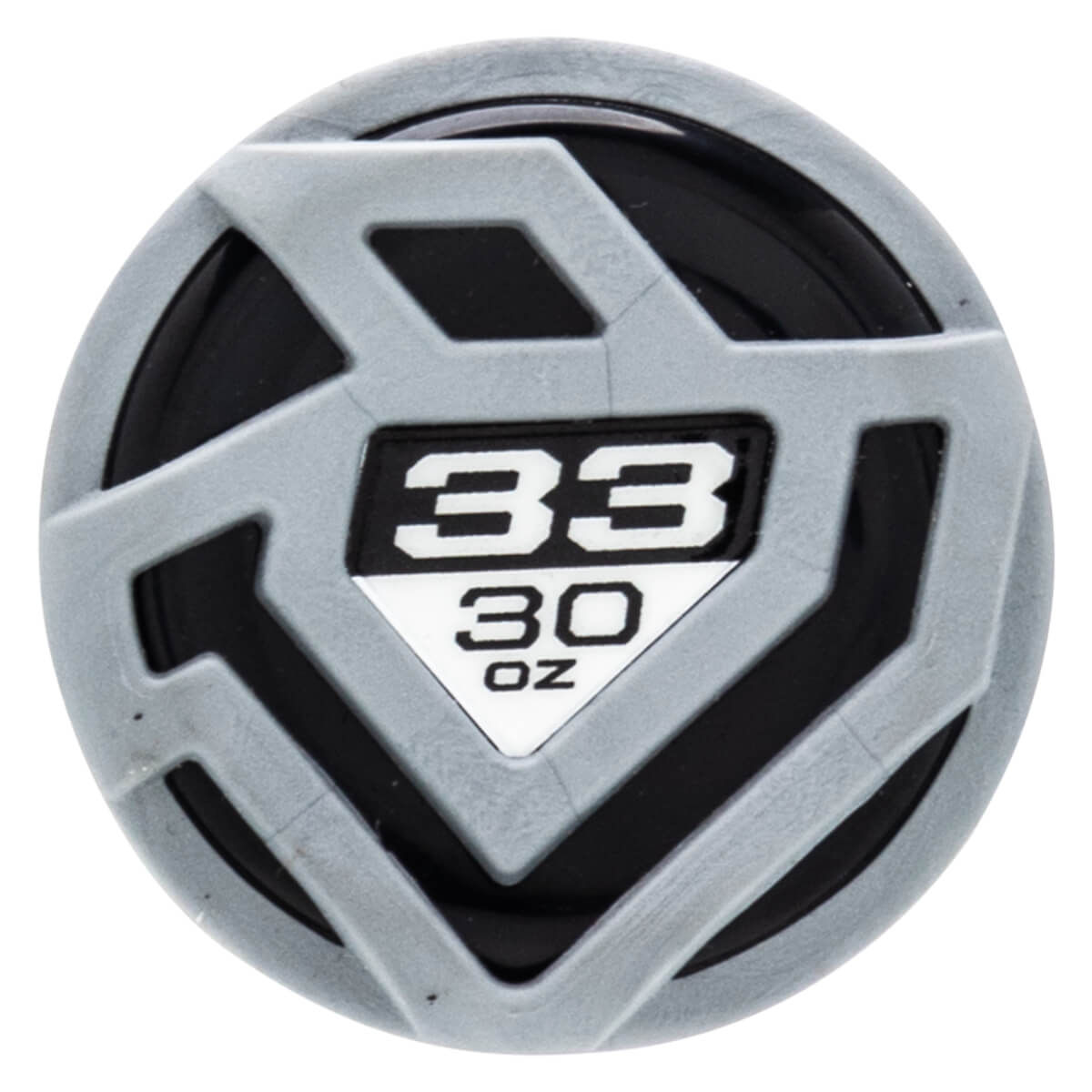 Top-down view of a baseball bat end cap with a gray geometric design and "33 30 OZ" labeling.
