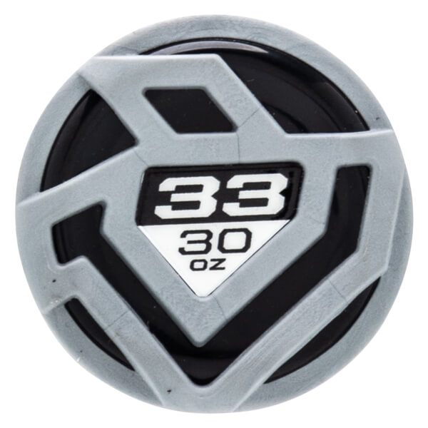 Top-down view of a baseball bat end cap with a gray geometric design and "33 30 OZ" labeling.