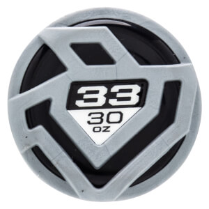 Top-down view of a baseball bat end cap with a gray geometric design and "33 30 OZ" labeling.