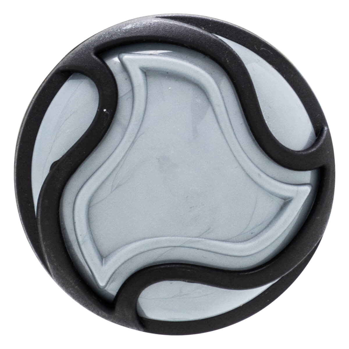 Top-down view of a circular black and gray cap with a swirling pattern.