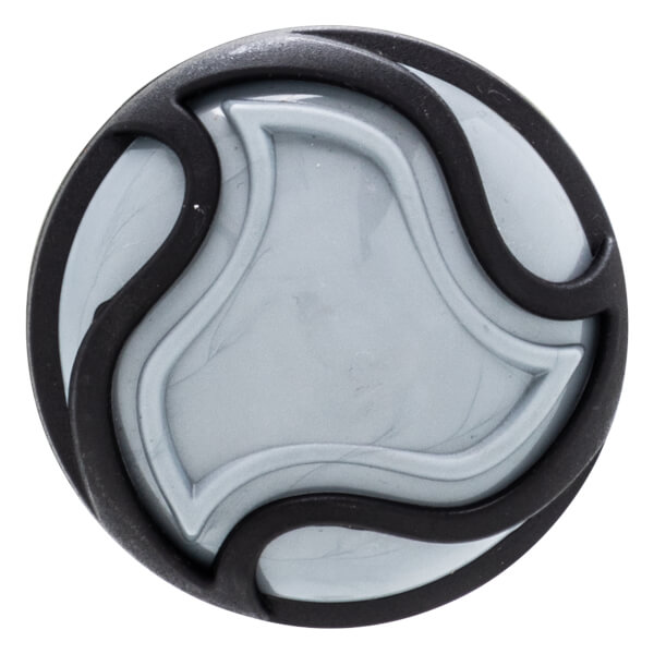 Top-down view of a circular black and gray cap with a swirling pattern.