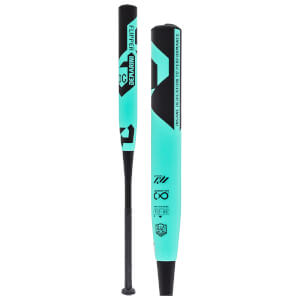 Side view of a teal and black baseball bat with "FLIPPER" and "DEMARINI" text, and "INSANE DEDICATION TO PERFORMANCE" text.