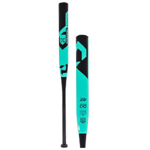 Front view of a black and teal baseball bat with "FLIPPER DEMARINI" and "USA SOFTBALL" text.