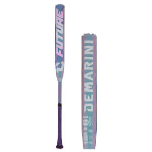 Side view of the '2027 DeMarini Future -10' bat, showing the "DEMARINI" logo and "FUTURE" text in iridescent colors.