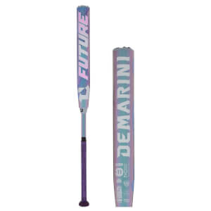 Front view of a softball bat with "FUTURE" and "DEMARINI" logos, featuring a purple grip and iridescent finish.