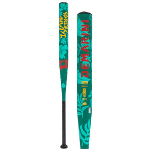 Front and barrel views of a teal green softball bat with tropical leaf graphics, featuring yellow ISLAND KINGS text and large red DEMARINI lettering.