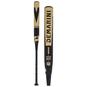 Full side and close-up barrel views of a black and gold DeMarini Mercy softball bat featuring DEMARINI, MERCY, and USA SOFTBALL branding.