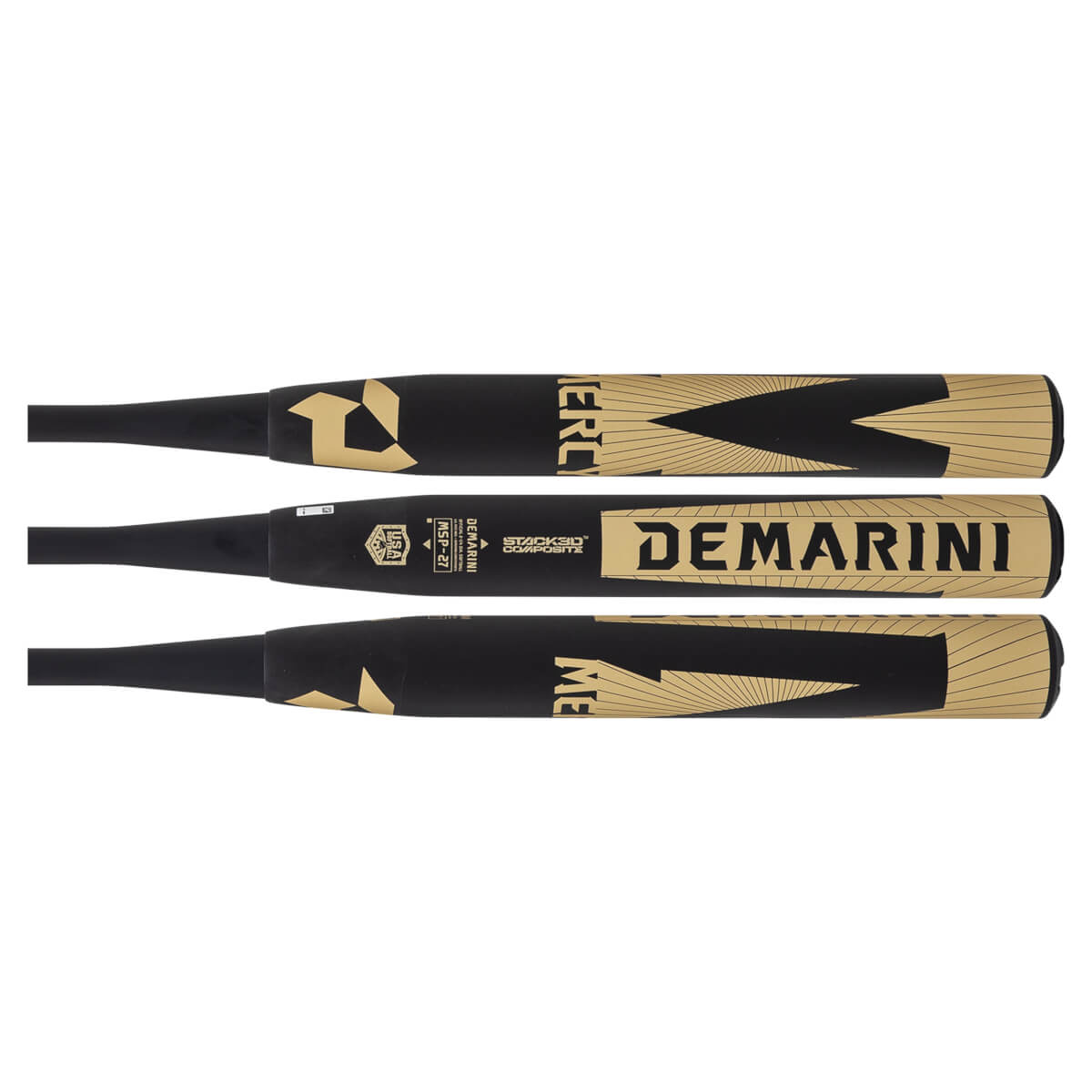 Three horizontal views of the matte black barrel showing gold "DEMARINI" and "MERCY" branding and the USA Softball certification logo.