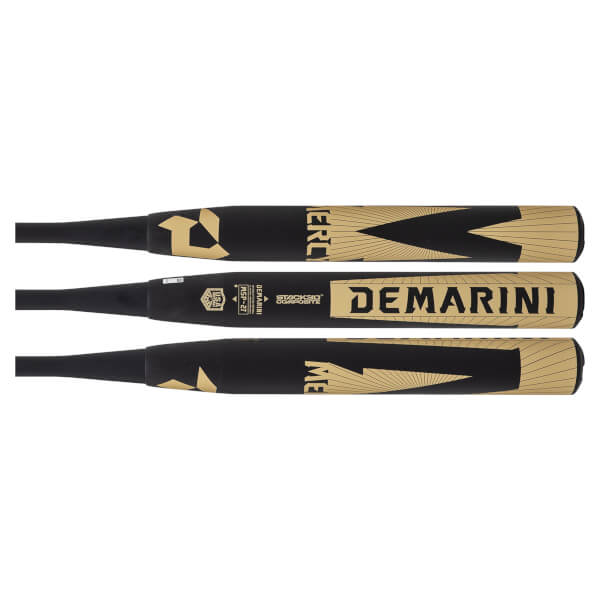 Three horizontal views of the matte black barrel showing gold "DEMARINI" and "MERCY" branding and the USA Softball certification logo.