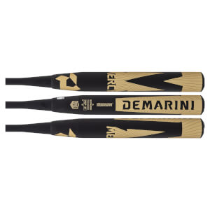 Three horizontal views of the matte black barrel showing gold "DEMARINI" and "MERCY" branding and the USA Softball certification logo.