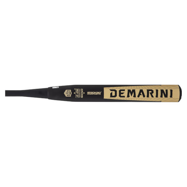 Side view of the black barrel featuring a large gold DEMARINI logo, a USA SOFTBALL stamp, and STACKED COMPOSITE text.