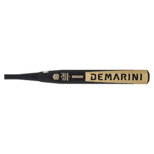 Side view of the black barrel featuring a large gold DEMARINI logo, a USA SOFTBALL stamp, and STACKED COMPOSITE text.