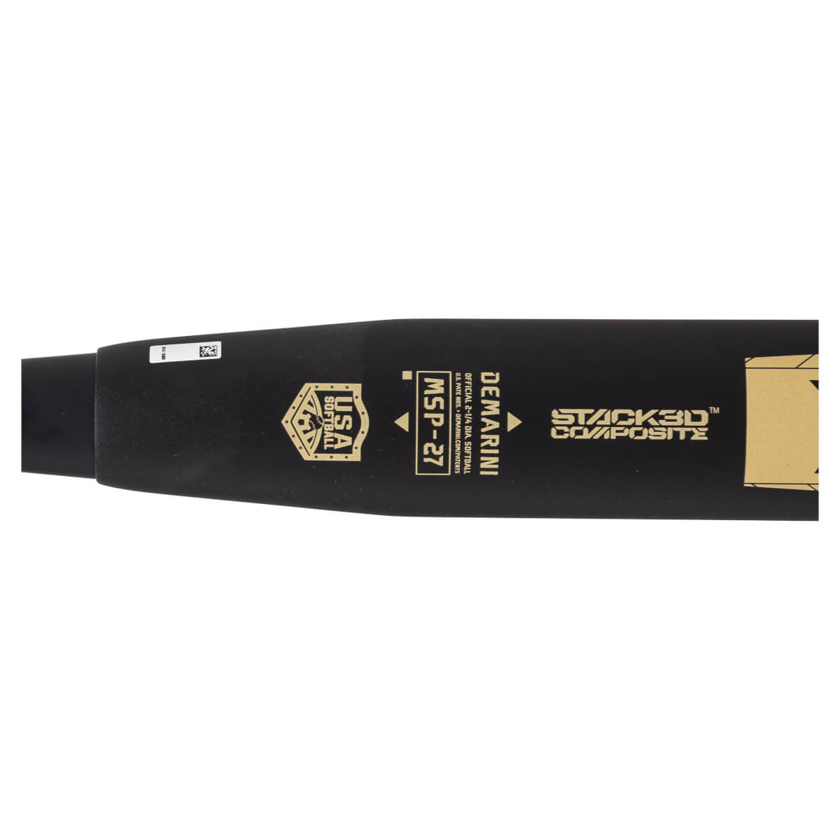 Close-up profile of the black barrel featuring gold graphics for the USA Softball logo, "MSP-27," "DEMARINI," and "STACK3D COMPOSITE."